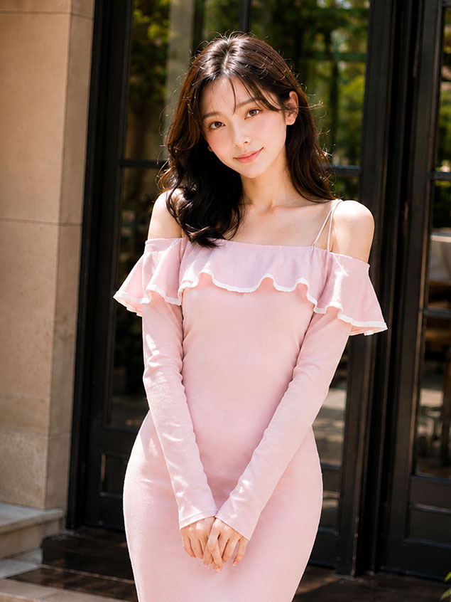 白いチュールワンピースを着たLAREAモデル