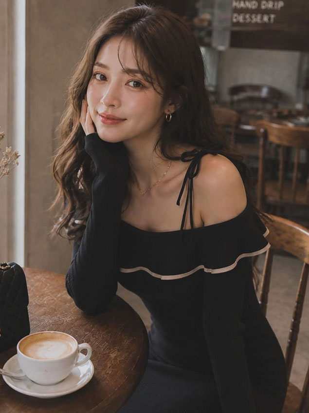 カフェで黒いワンピースを着たLAREAモデル